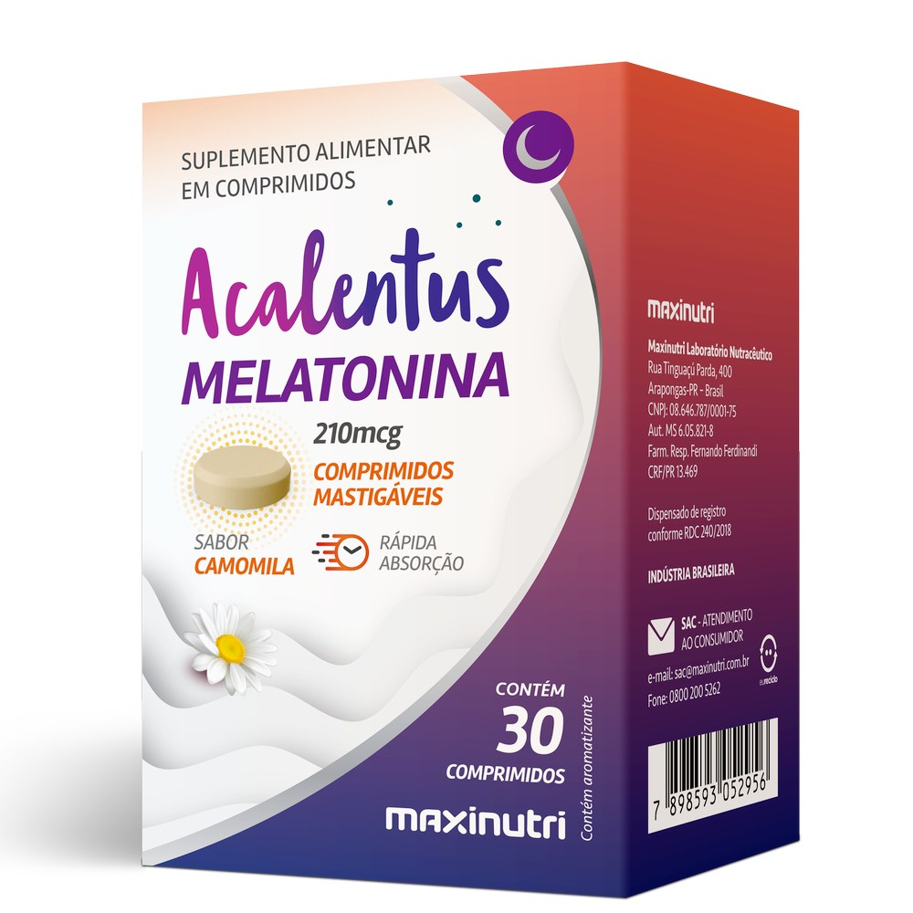 Melatonina - Acalentus sabor Camomila 650mg 30 comprimidos mastigaveis Maxinutri