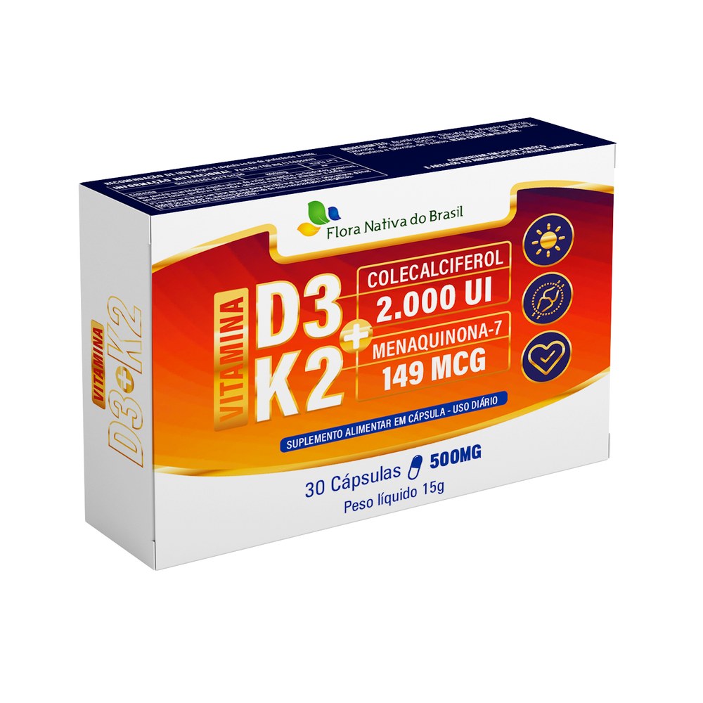 Vitamina D3 com K2 (2000UI D3 + 148mcg K2) 500mg 30 cápsulas Flora Nativa