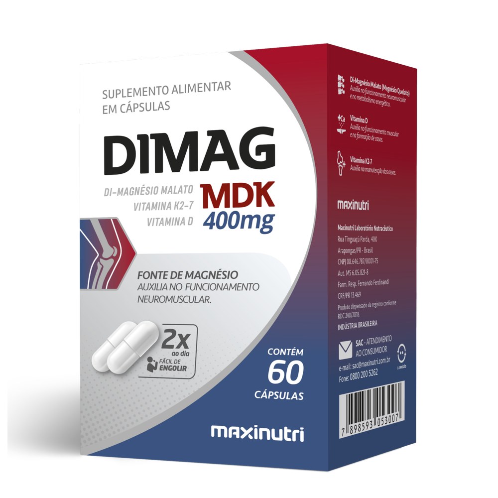 Dimag MDK (Magnesio Dimalato com Vitamina K2-7 e D3) 400mg 60 cápsulas Maxinutri