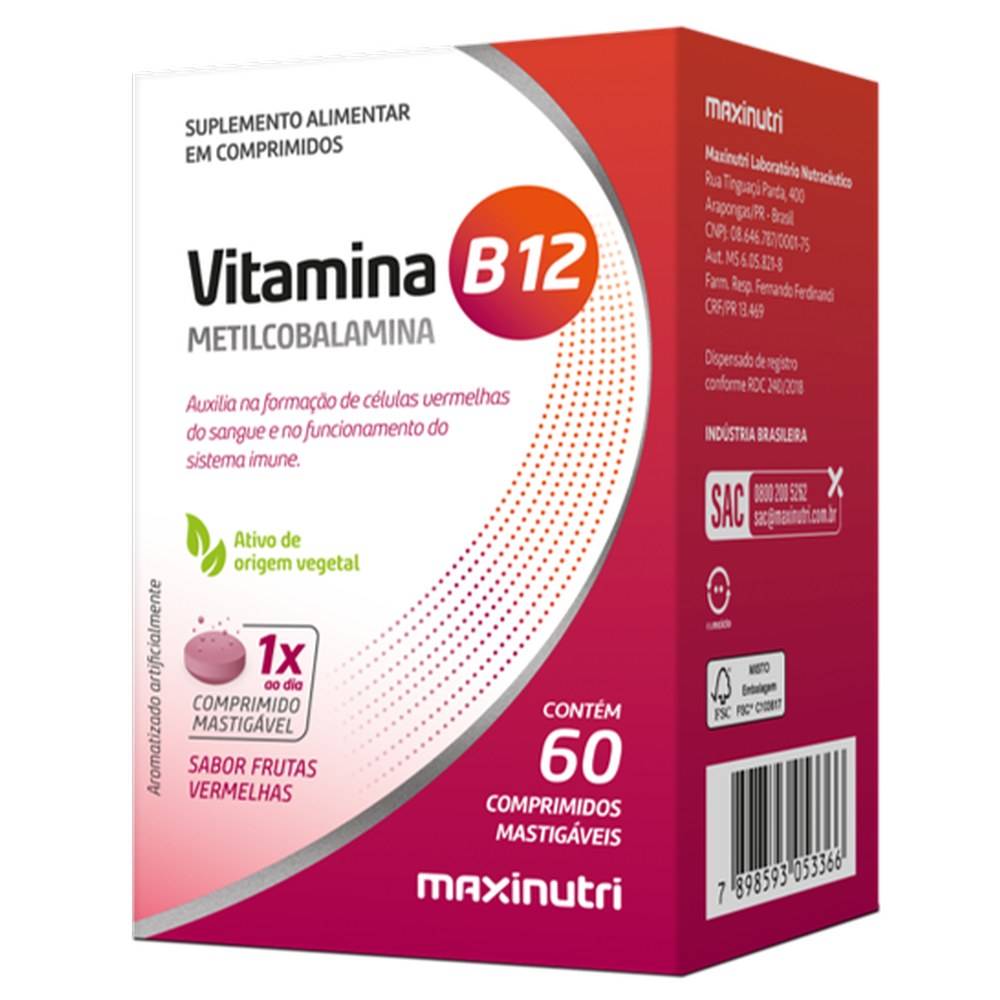 Metilcobalamina - Vitamina B12 - 60 Comprimidos Mastigáveis Frutas Vermelhas Maxinutri