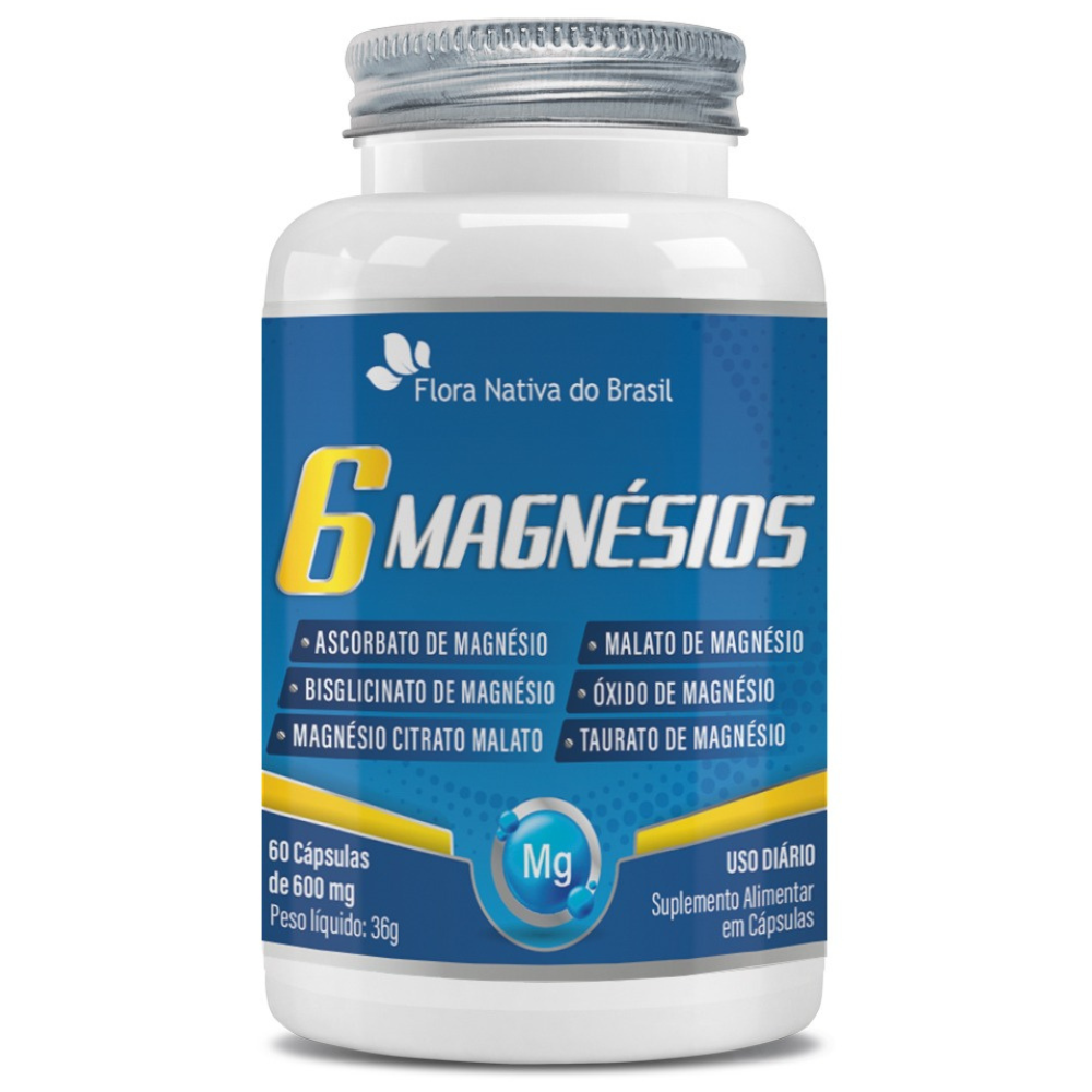 6 Magnesios - Bisglicinato, Malato, Taurato, Citrato, Oxido e Sulfato 550mg 60 cápsulas Flora Nativa