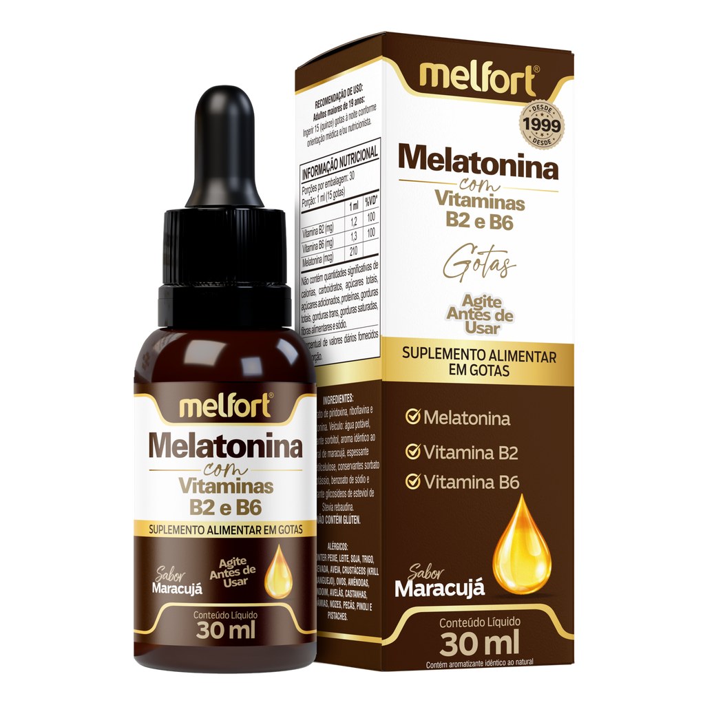 Melatonina com Vitamina B2 e Vitamina B6 em gotas - sabor maracuja 30ml Melfort