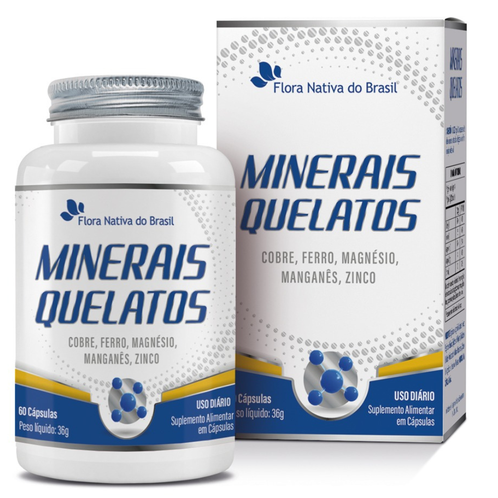 Minerais Quelato (Fe,Mg,Cu,Mn,Zn) 500mg 60 cápsulas Flora Nativa