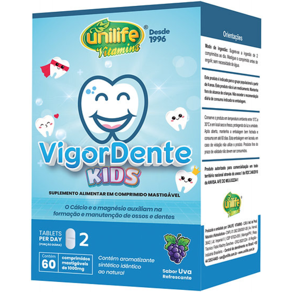 Vigordente Kids com Magnesio 1000mg 60 comprimidos mastigaveis - Sabor Uva Unilife