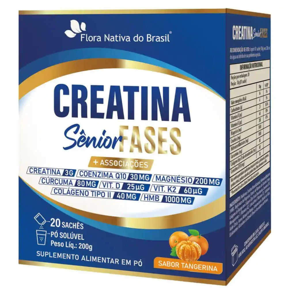 Creatina Senior Tangerina (CoTII, Vit D3+K2, Mag, Q10, HMB e Cúrcuma) 20x10 Sachês Flora Nativa