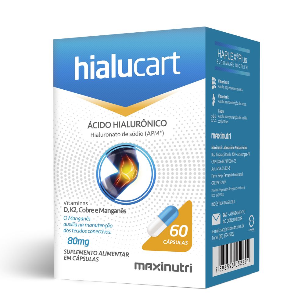 Hialucart - Acido Hialuronico + Vitamina D3, K2, Cobre e Manganes - 520mg 60 cápsulas Maxinutri