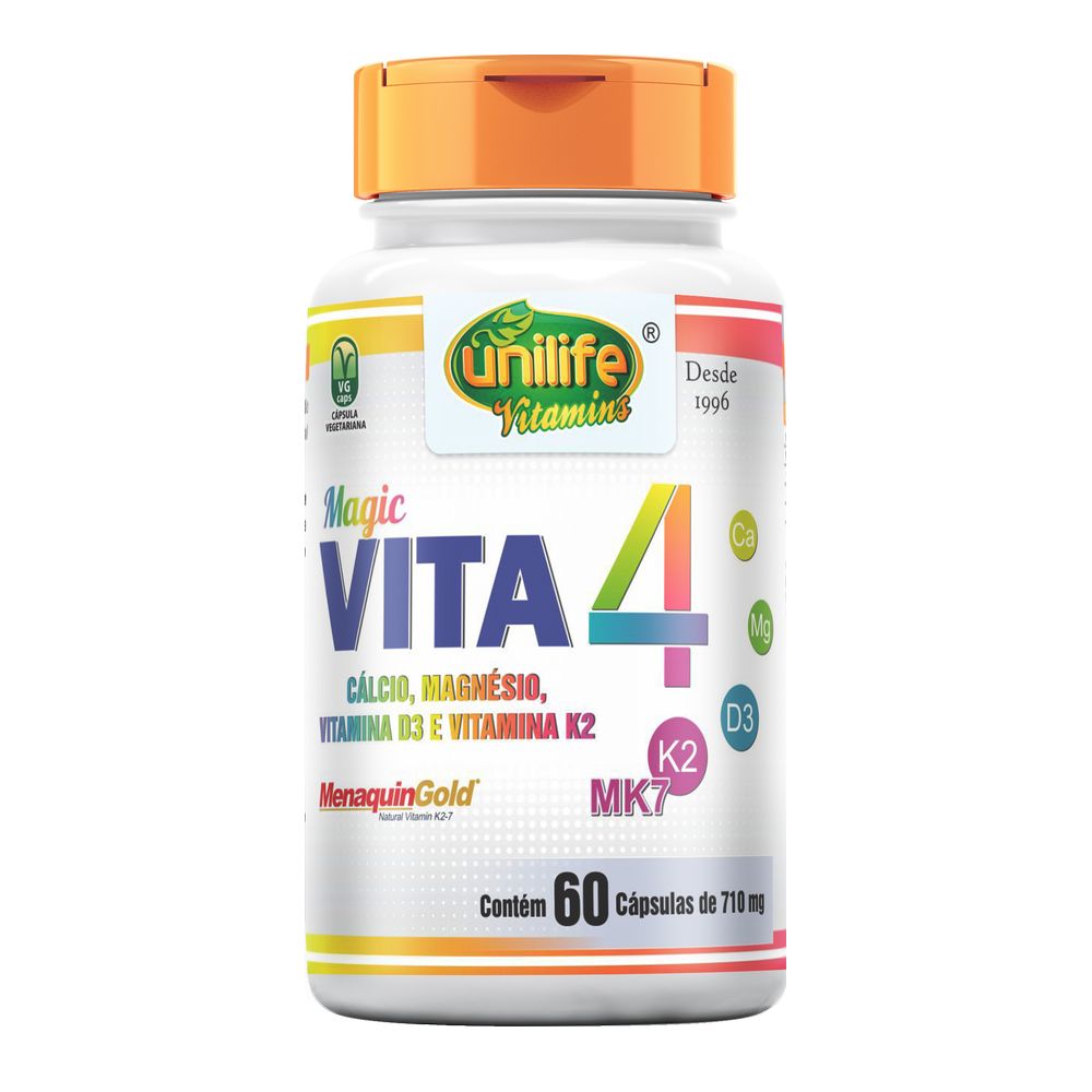 Vita4 - Calcio, magnesio, vitamina D3 e vitamina K2 - 720mg 60 cápsulas Unilife